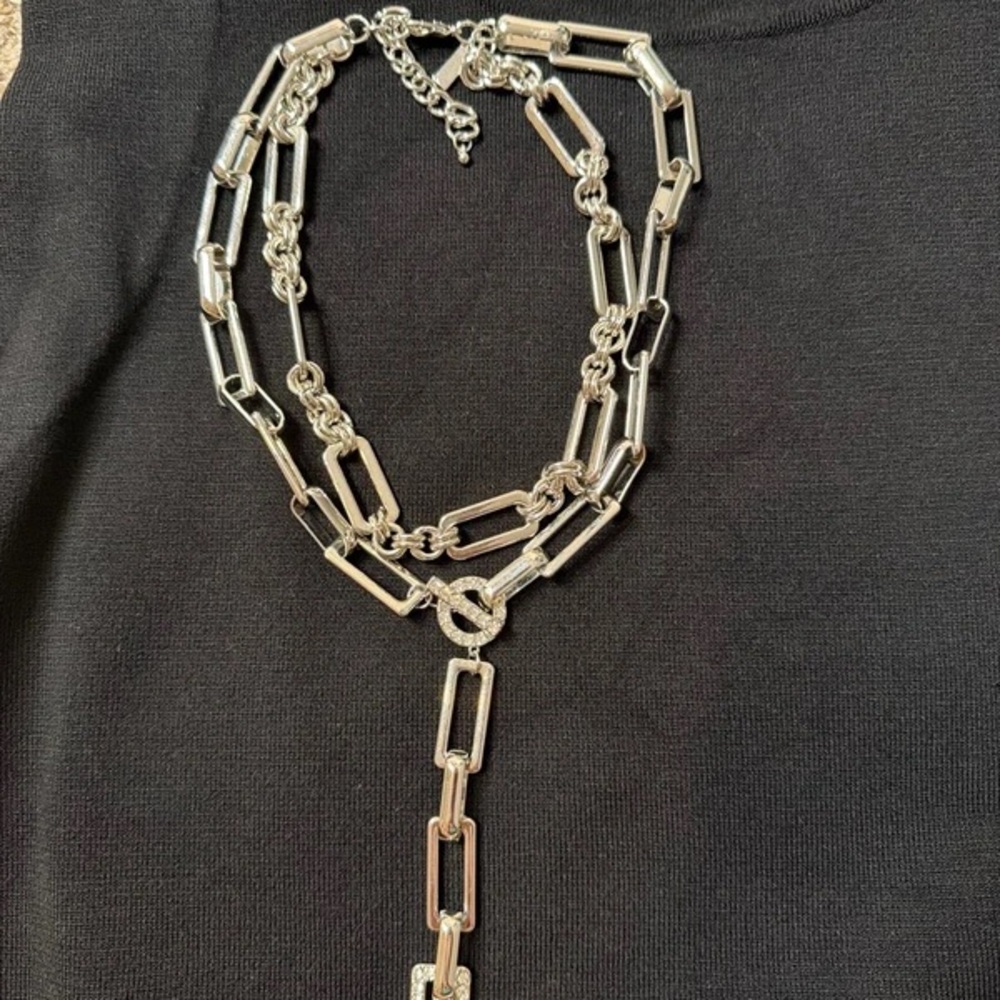 Layered Silver-Link Y Necklace with Toggle Accent